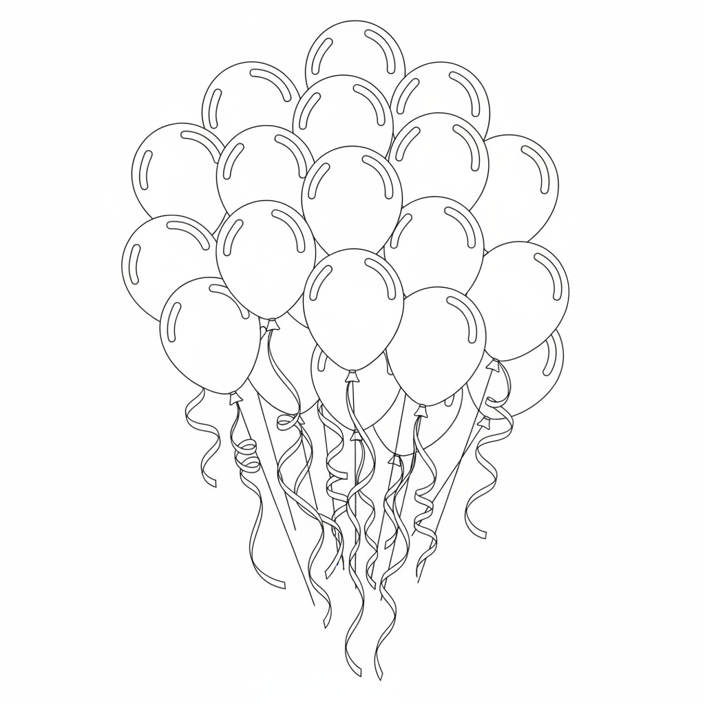 Bunch Of Birthday Balloons Floating With Curly Ribbons - Free Printable Coloring Page Bunch Of Birthday Balloons Floating With Curly Ribbons - Free Printable Coloring Page