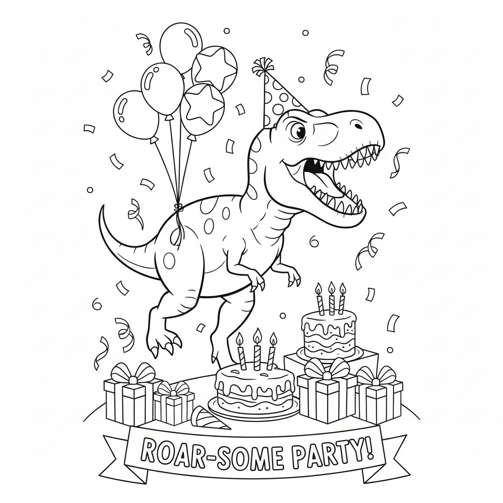 Dinosaur birthday party T-Rex wearing party hat roar - Free Printable Coloring Page Dinosaur birthday party T-Rex wearing party hat roar - Free Printable Coloring Page