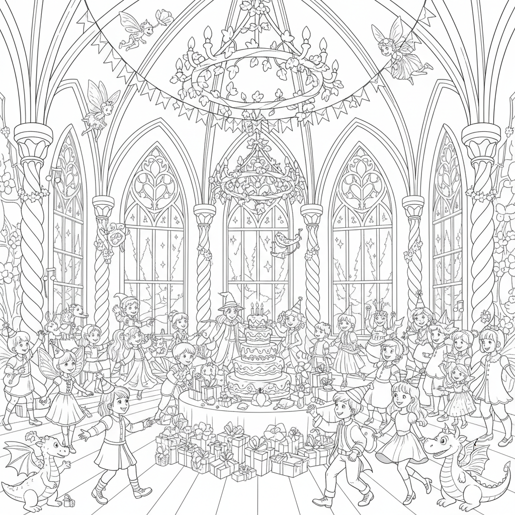 Festa di compleanno da favola, castello incantato, sala da ballo magica - Disegno da colorare gratuito Festa di compleanno da favola, castello incantato, sala da ballo magica - Disegno da colorare gratuito