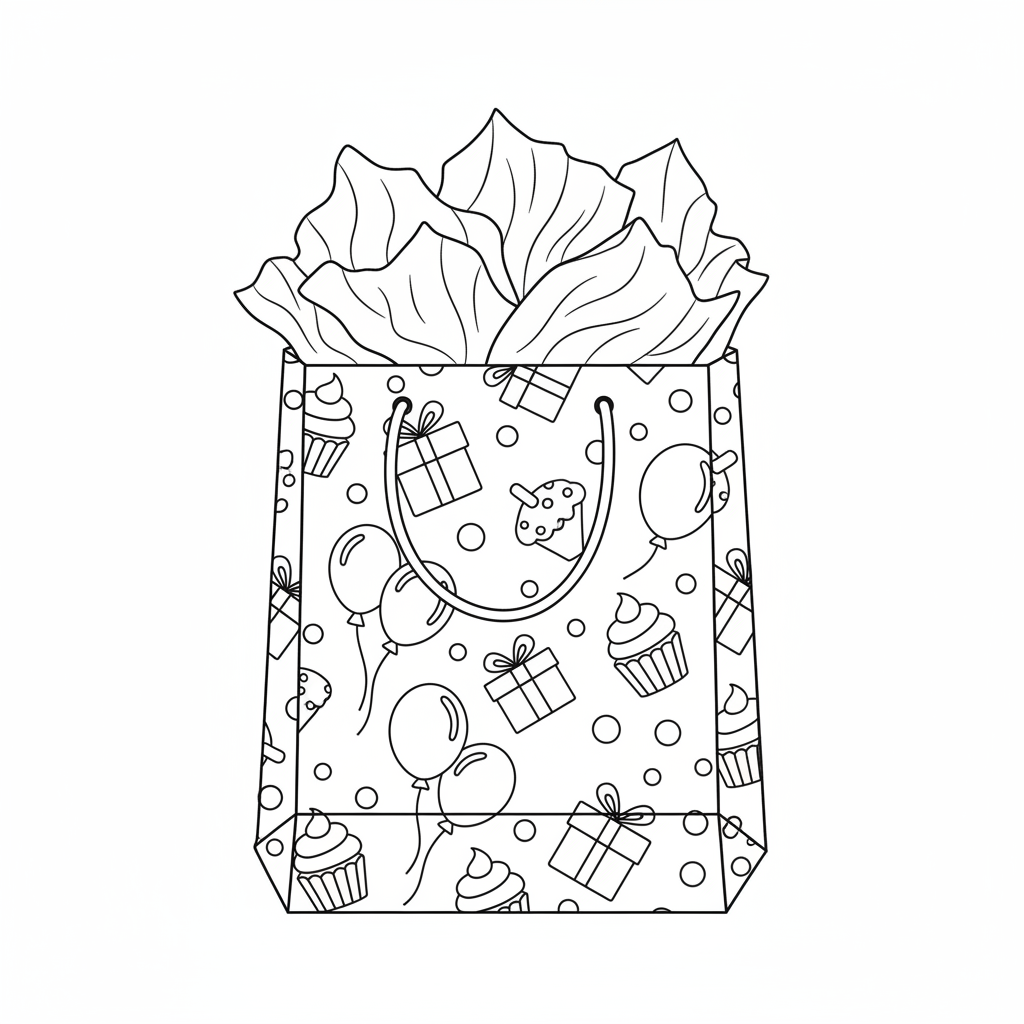 Gift Bag With Tissue Paper And Birthday Pattern - Free Printable Coloring Page Gift Bag With Tissue Paper And Birthday Pattern - Free Printable Coloring Page