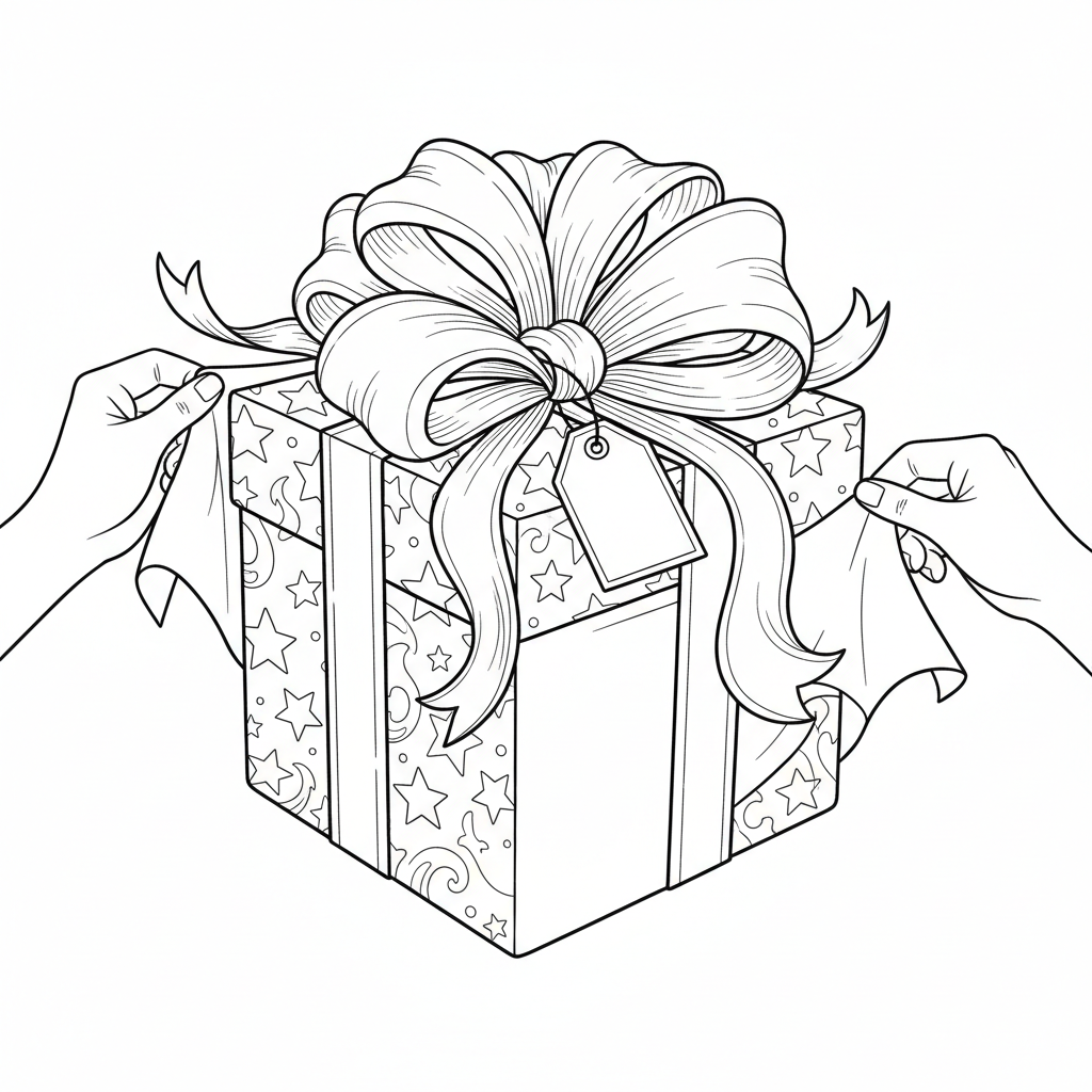 Large Gift Box With Giant Bow Being Unwrapped - Free Printable Coloring Page Large Gift Box With Giant Bow Being Unwrapped - Free Printable Coloring Page