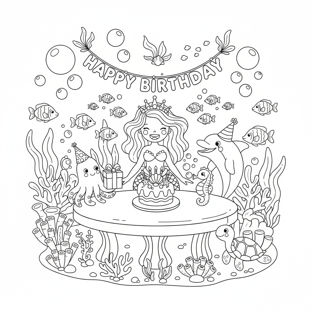 Mermaid underwater birthday party sea creature friends - Free Printable Coloring Page Mermaid underwater birthday party sea creature friends - Free Printable Coloring Page