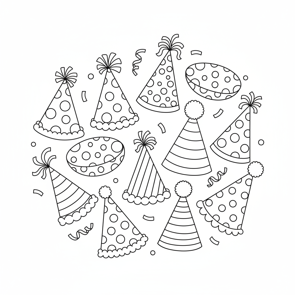 Party Hat Collection With Polka Dots And Stripes Patterns - Free Printable Coloring Page Party Hat Collection With Polka Dots And Stripes Patterns - Free Printable Coloring Page