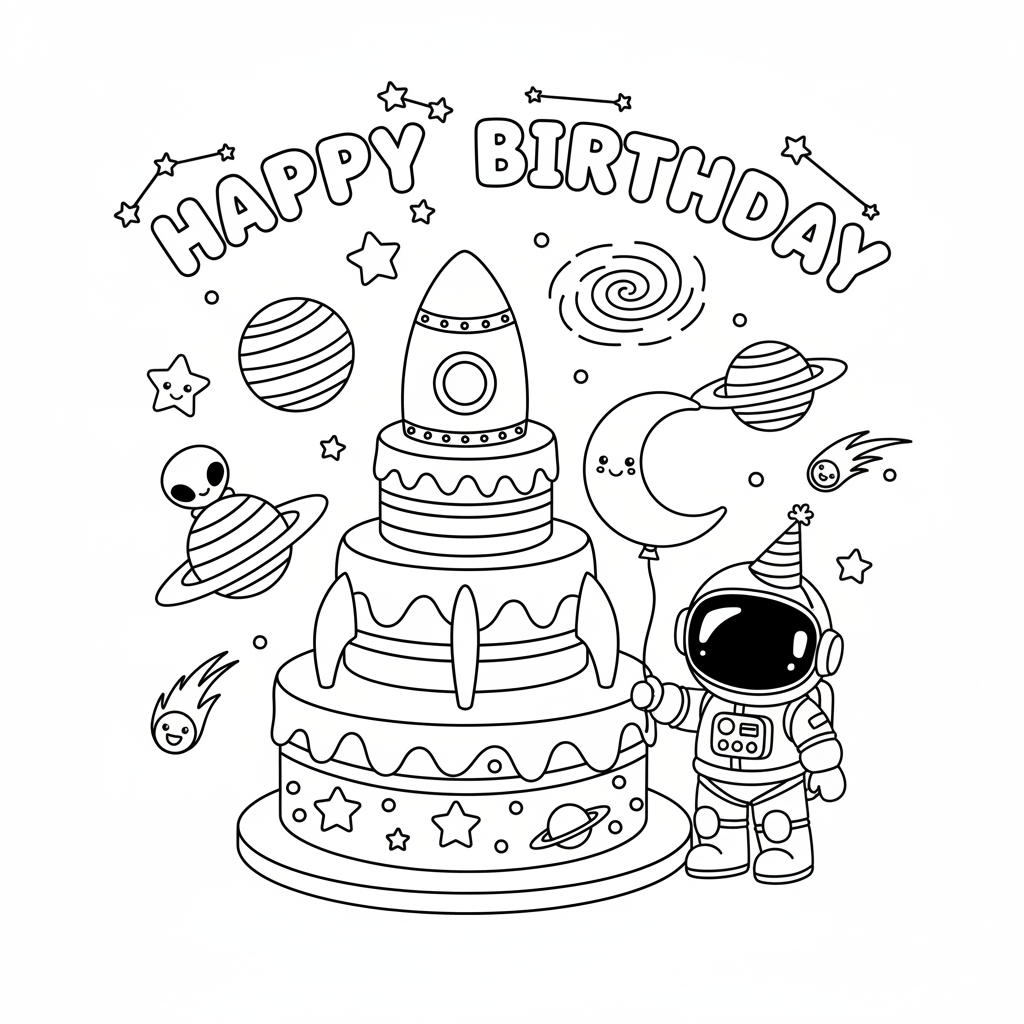 Rymdtema födelsedagstårta astronaut raket kosmisk - Gratis utskrivbar målarbild