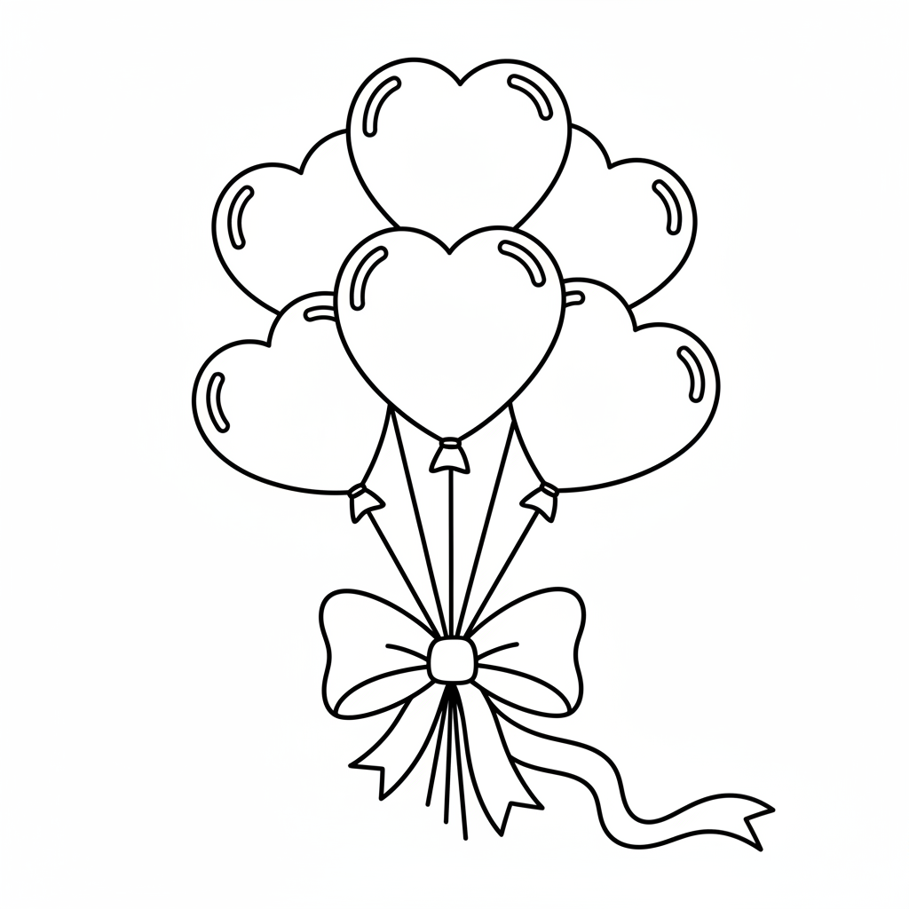 Heart balloons bouquet floating tied with ribbon string - Free Printable Coloring Page