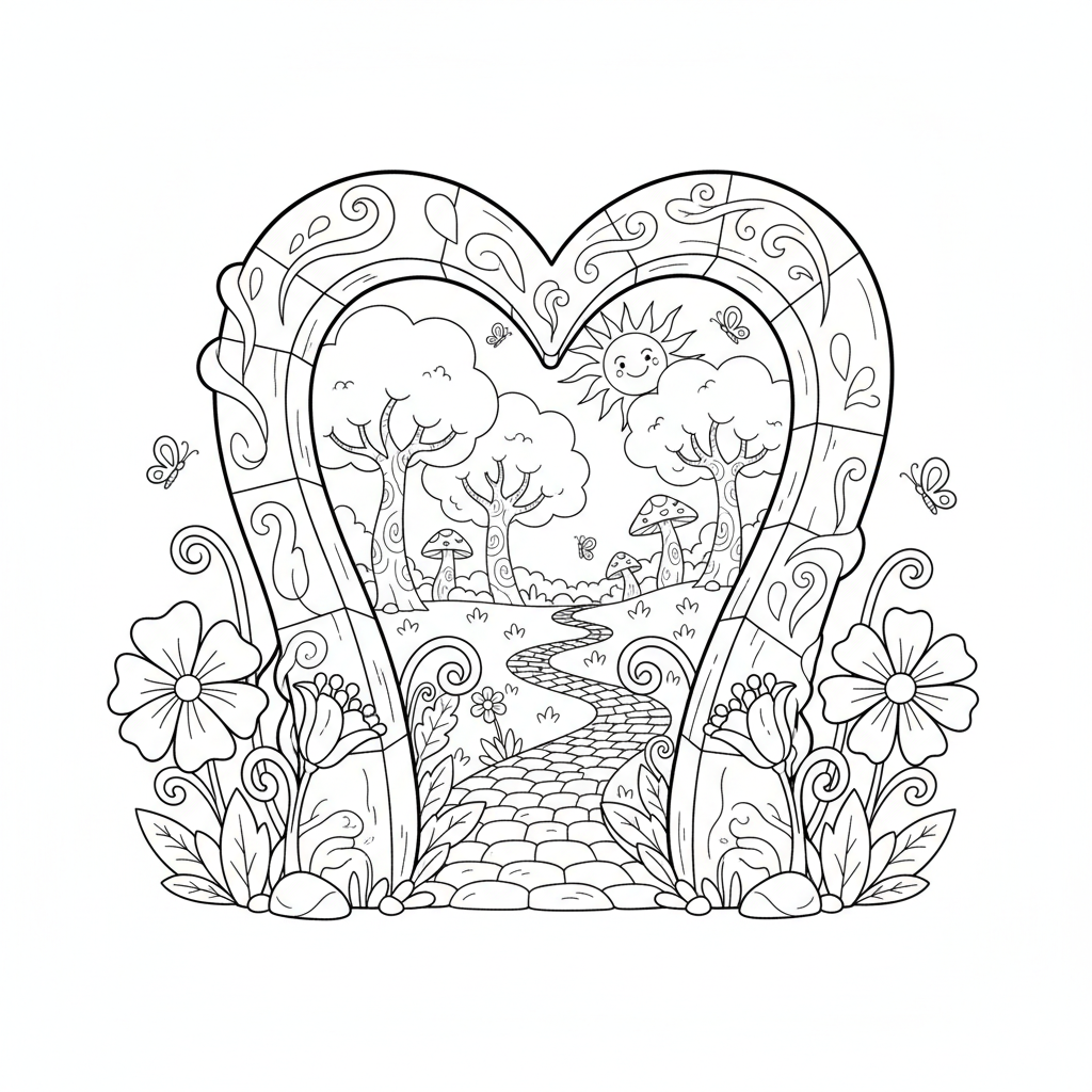 Heart doorway arch entrance to enchanted garden path - Free Printable Coloring Page