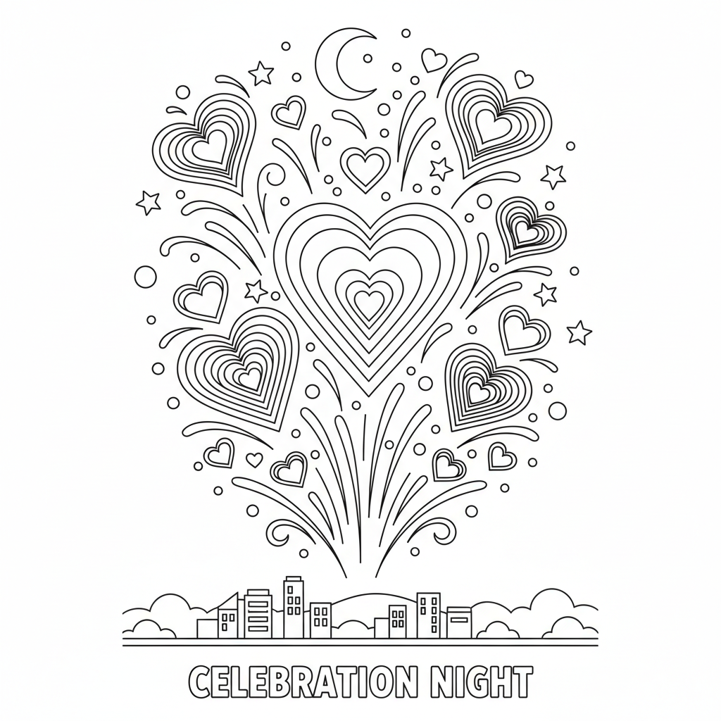 Heart fireworks display bursting in night sky celebration - Free Printable Coloring Page