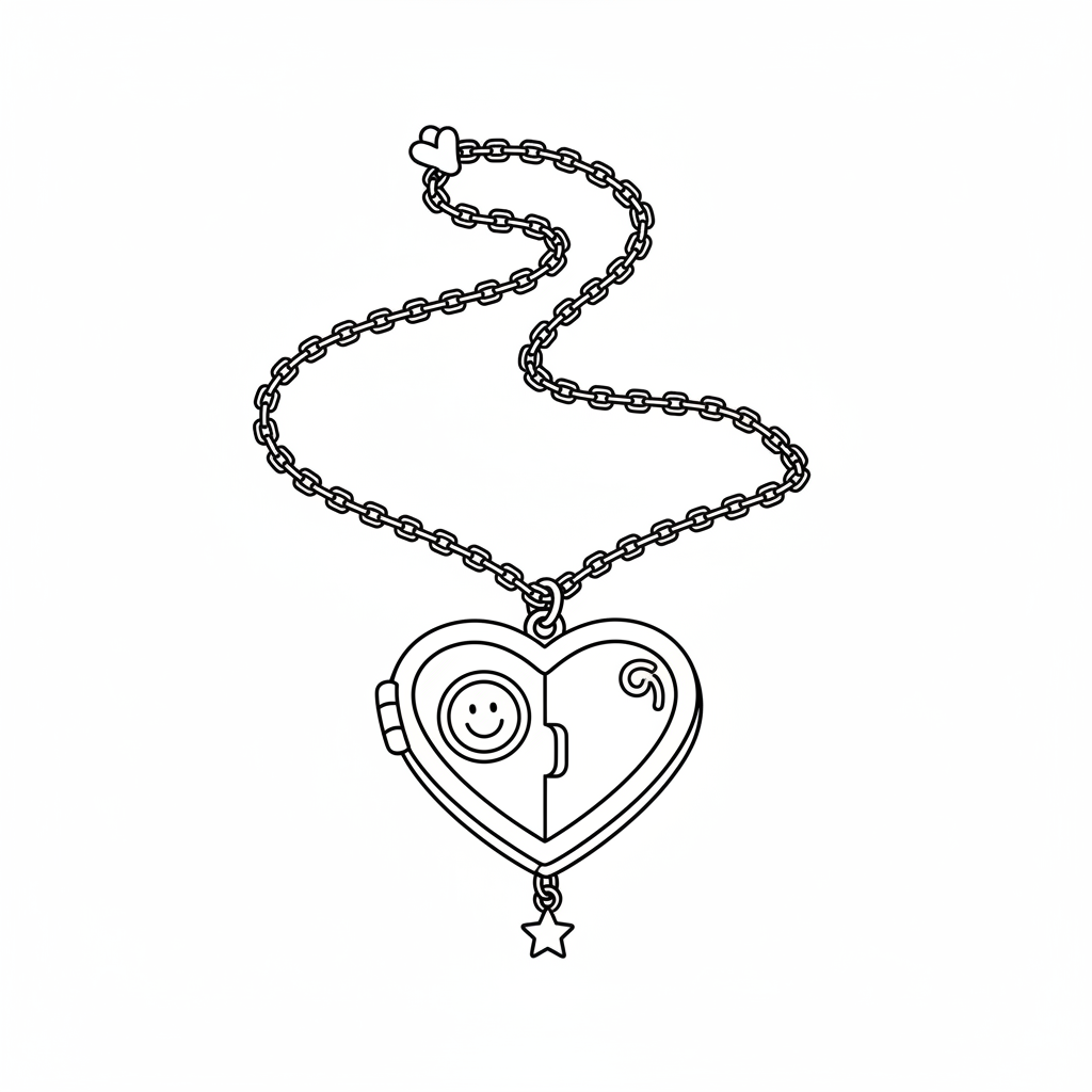 Hjärtformat medaljonghalsband med litet foto inuti - Gratis utskrivbar målarbild