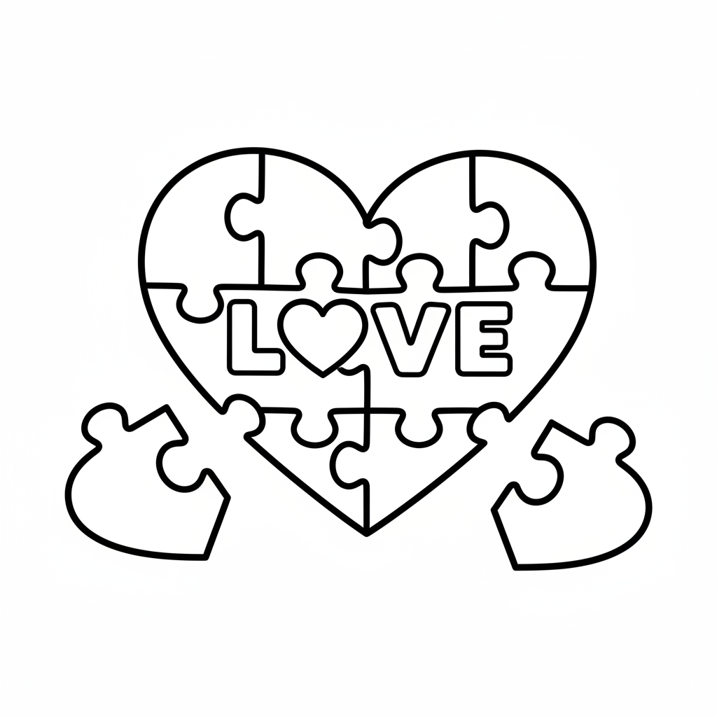 Herzpuzzleteile fügen sich zusammen und vervollständigen das Liebessymbol - Kostenloses druckbares Ausmalbild