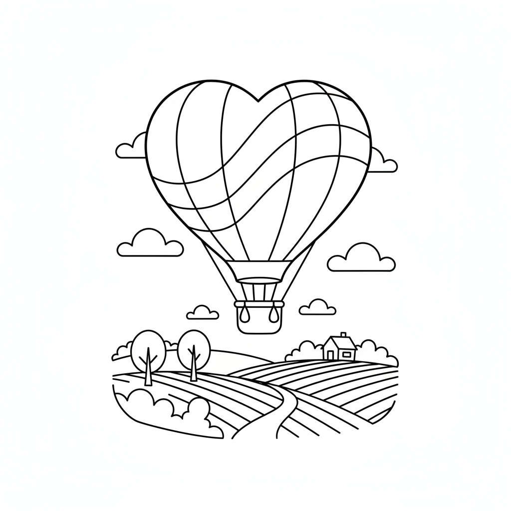 Heart-shaped hot air balloon floating over countryside - Free Printable Coloring Page Heart-shaped hot air balloon floating over countryside - Free Printable Coloring Page