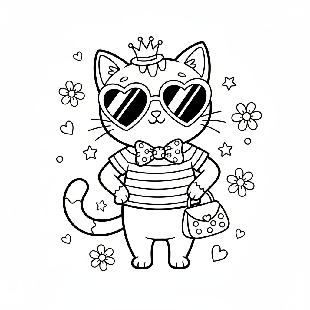 Heart sunglasses cat wearing them cute fashion style - Free Printable Coloring Page