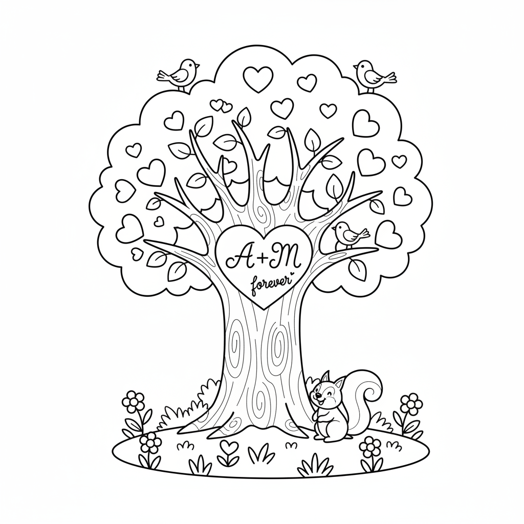 Hjärta träd snidade initialer bark romantisk natur kärlek - Gratis utskrivbar målarbild Hjärta träd snidade initialer bark romantisk natur kärlek - Gratis utskrivbar målarbild