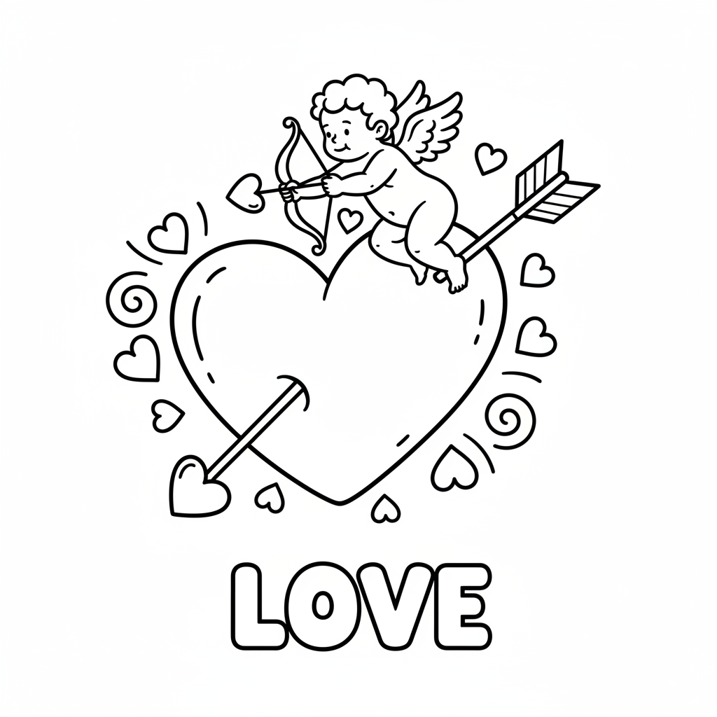Valentijnshart met pijl en Cupido-liefde - Gratis afdrukbare kleurplaat