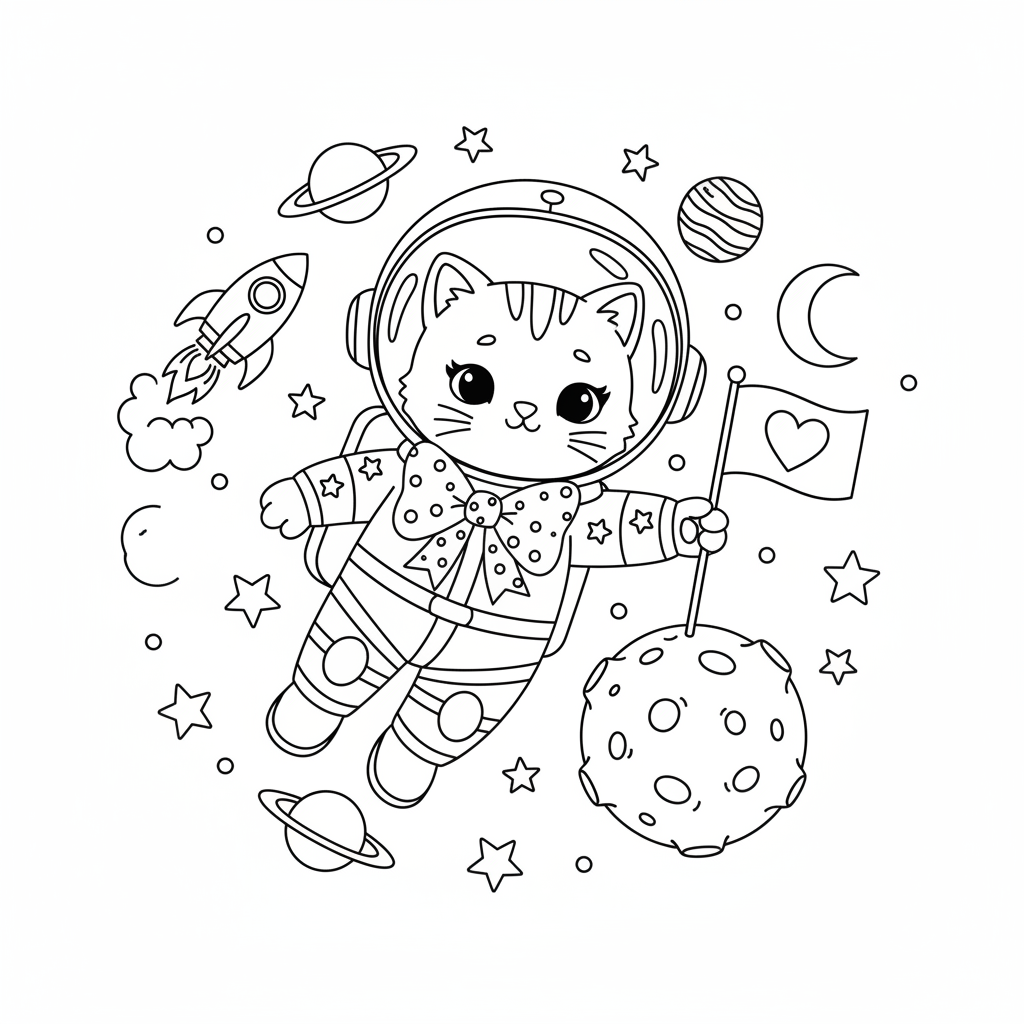 Een schattig kitten-astronautje met een strikje verkent de sterrenhemel. - Free Printable Coloring Page