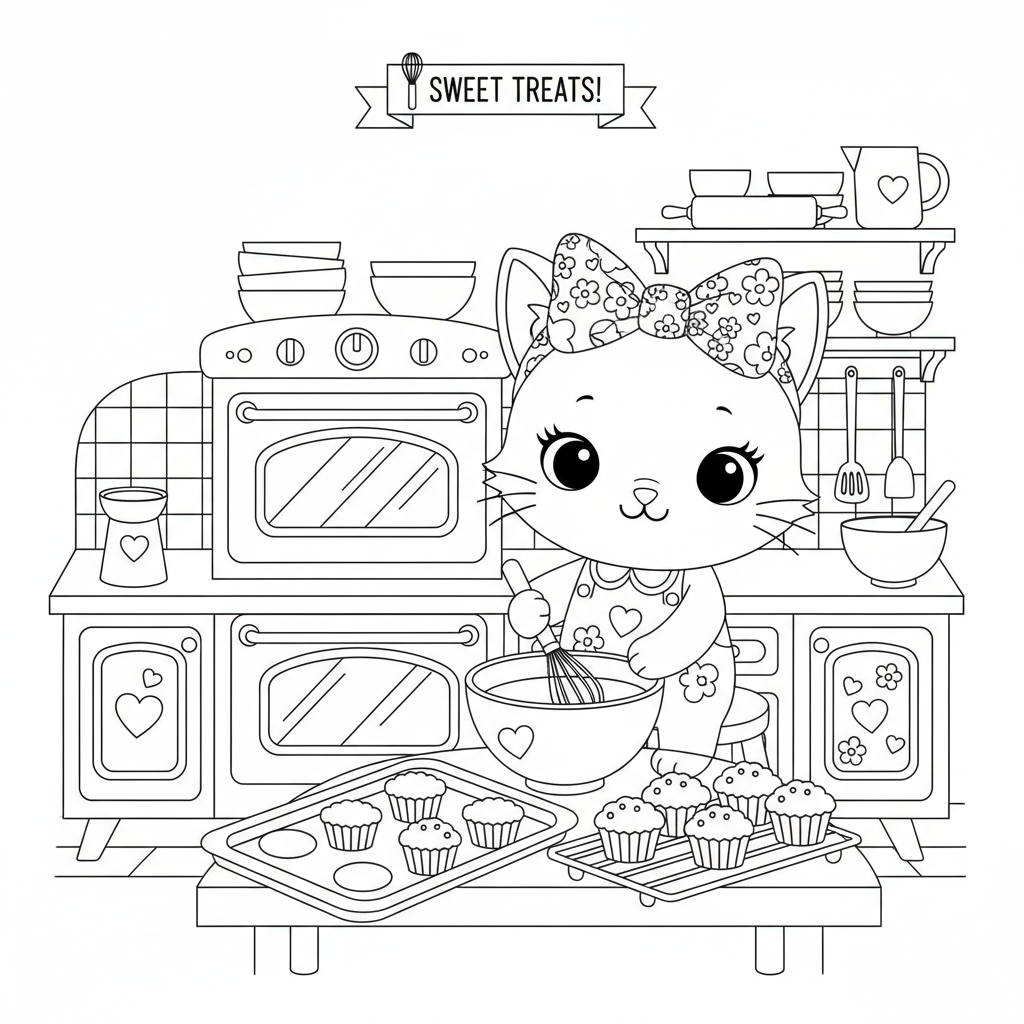 Een schattig katje met een strikje bakt cupcakes in een roze keuken. - Gratis afdrukbare kleurplaat