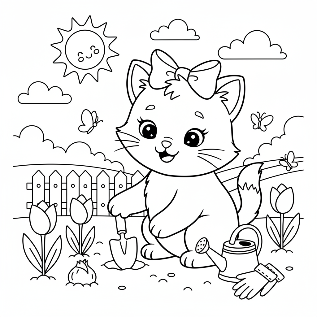 Een schattig katje met een strikje in zijn haar is aan het tuinieren en plant tulpen in de lente. - Gratis afdrukbare kleurplaat