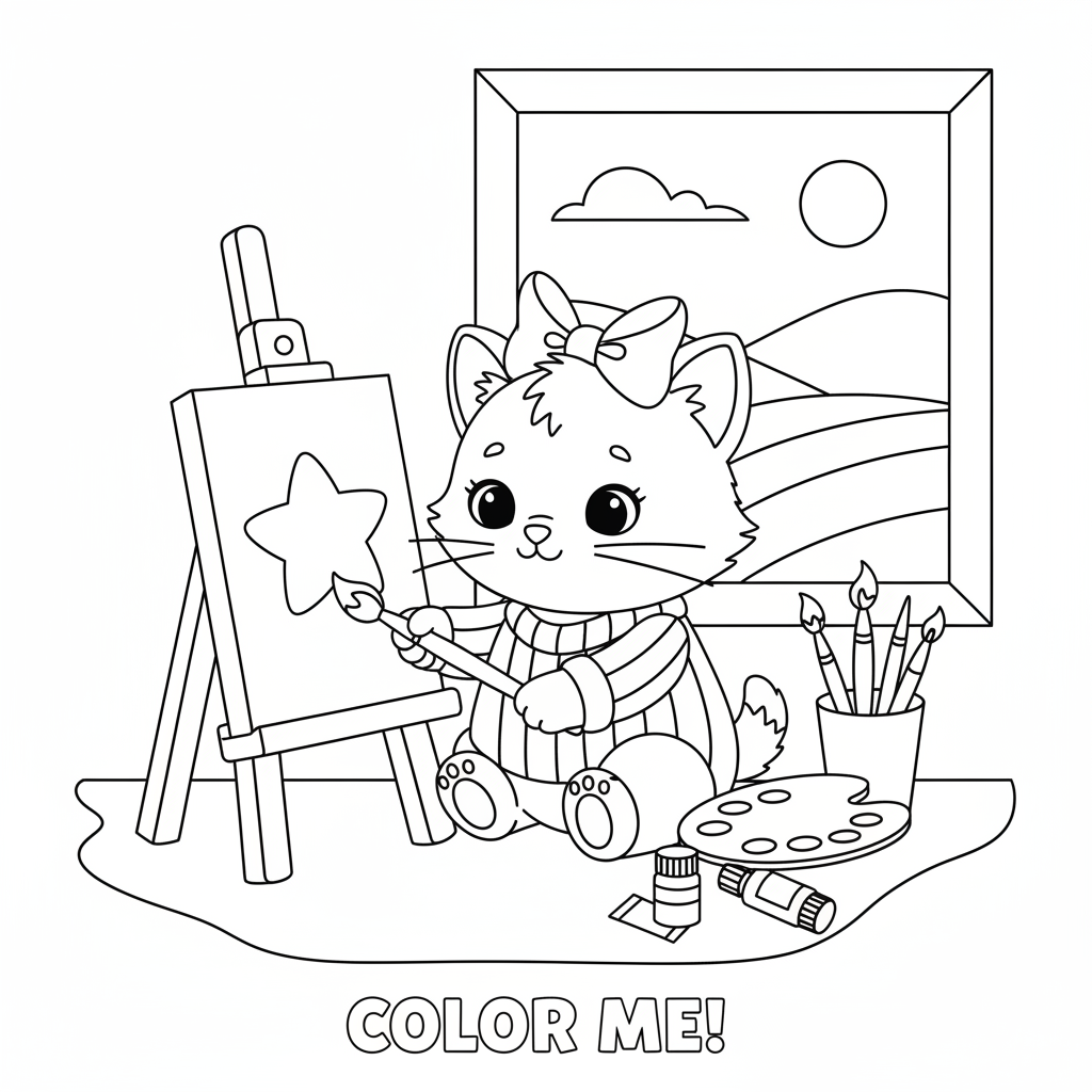 Een schattig katje met een strikje dat schildert op een schildersezel in een kunststudio. - Free Printable Coloring Page
