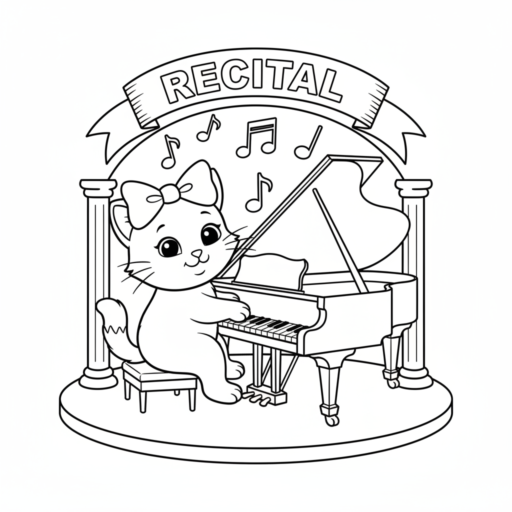Een schattig katje met een strikje speelt piano tijdens een podiumrecital. - Gratis afdrukbare kleurplaat