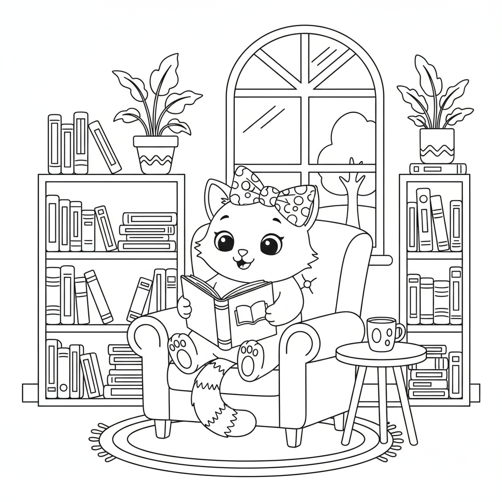 Een schattig katje met een strikje leest een boek in een gezellige bibliotheek. - Free Printable Coloring Page
