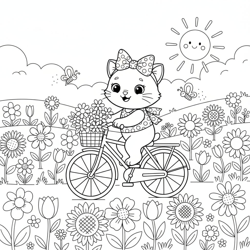 Een schattig katje met een strikje fietst door een bloemenveld. - Gratis afdrukbare kleurplaat