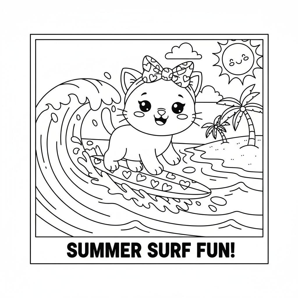 Een schattig katje met een strikje surft op een oceaangolf op het zomerstrand. - Free Printable Coloring Page