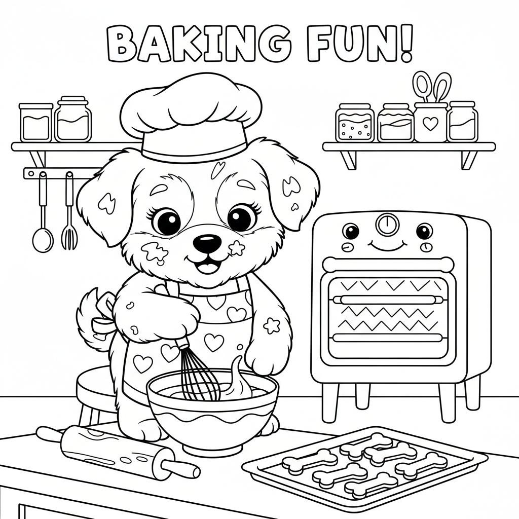 Een schattige, pluizige puppy bakt lekkernijen in de keuken, met een schort aan. - Gratis afdrukbare kleurplaat