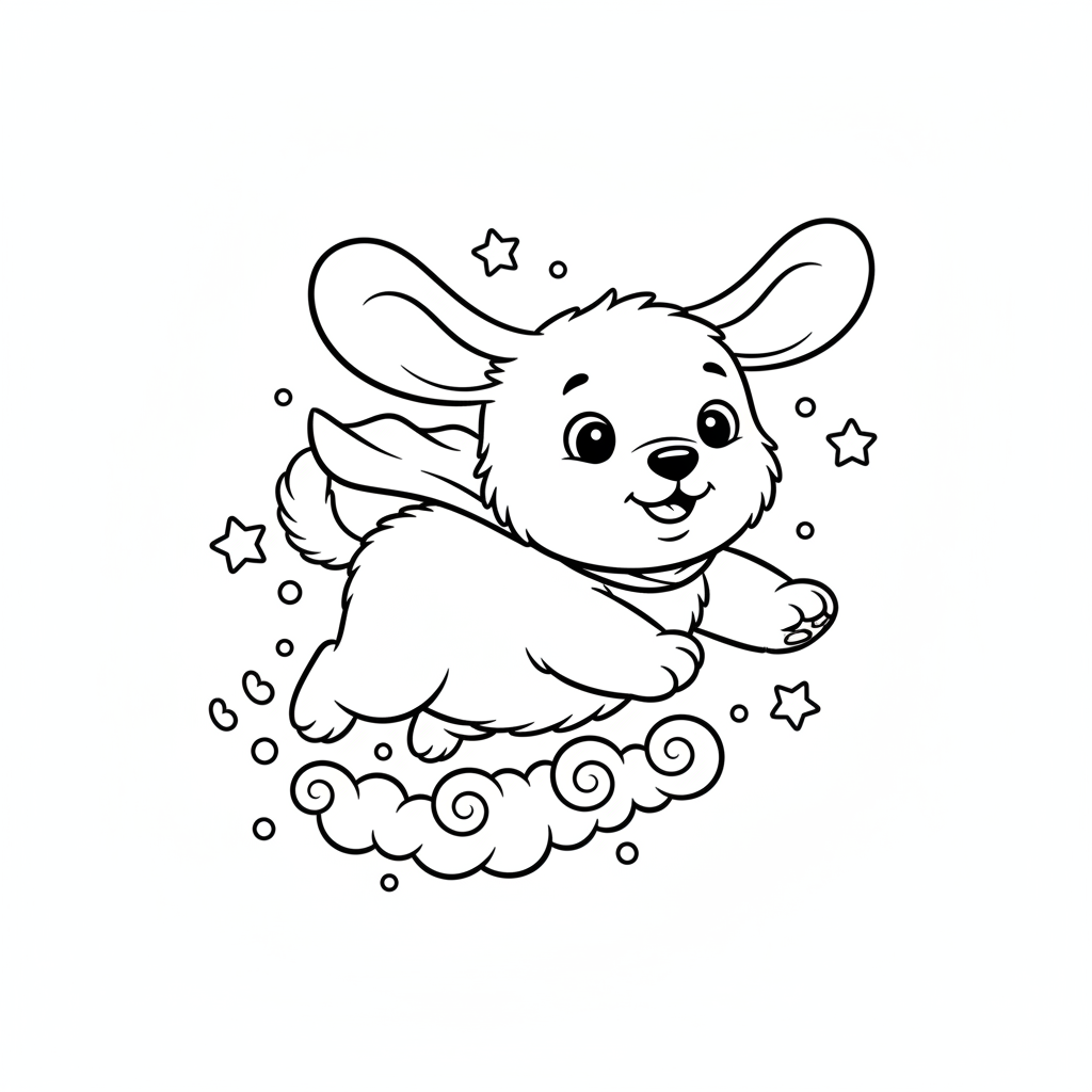 Een schattige pluizige witte puppy met grote flaporen die vliegt - Gratis afdrukbare kleurplaat