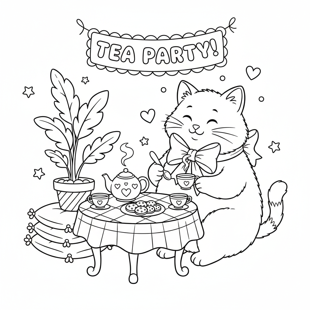 Un simpatico gatto bianco dei cartoni animati con un nastro a fiocco al tea party - Disegno da colorare gratuito