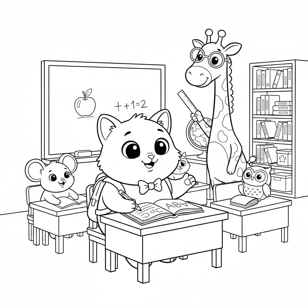 Un simpatico personaggio di gatto bianco a scuola che impara in classe - Disegno da colorare gratuito