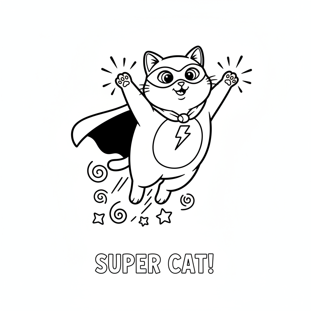 Een schattige witte kat superheld die vliegt met cape en krachten - Gratis afdrukbare kleurplaat