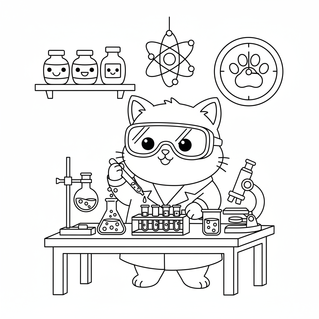 Een schattige witte kitty wetenschapper doet laboratoriumexperimenten - Gratis afdrukbare kleurplaat