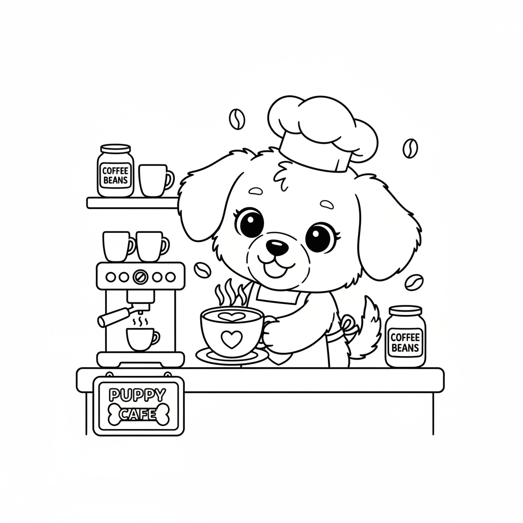 Een kawaii pluizige puppy in een café die koffie serveert als barista - Gratis afdrukbare kleurplaat