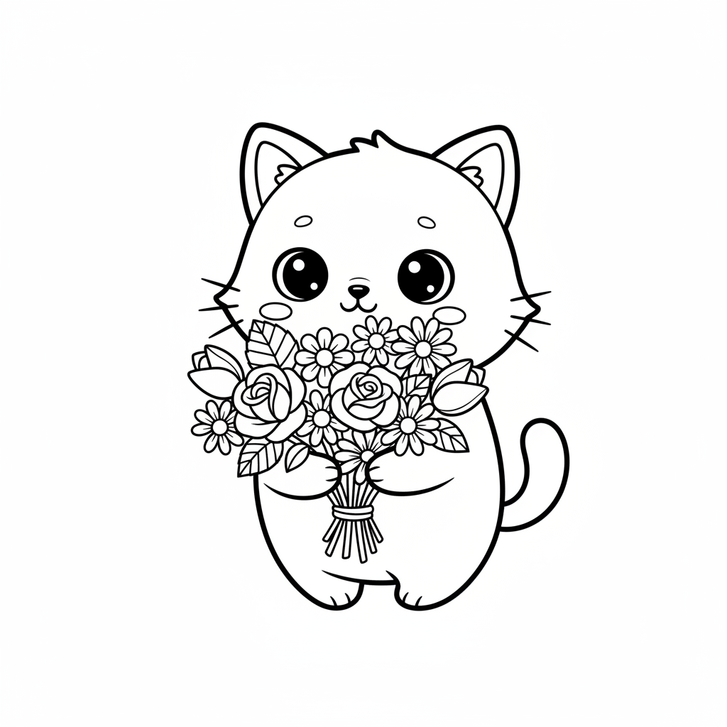Un personaggio di gatto bianco kawaii che tiene in mano un bel bouquet di fiori - Disegno da colorare gratuito