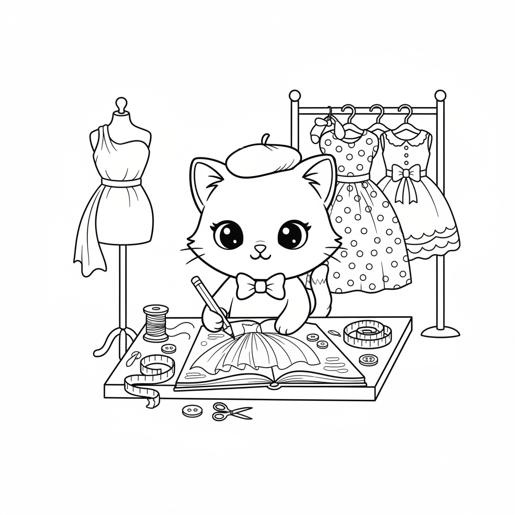 Een kawaii witte kat modeontwerper schetst nieuwe outfit - Gratis afdrukbare kleurplaat