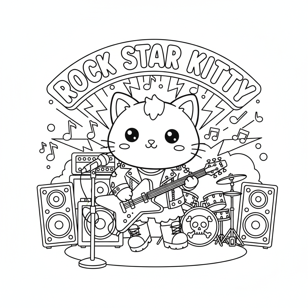 Een kawaii witte kitty rockster die optreedt op een concertpodium - Gratis afdrukbare kleurplaat
