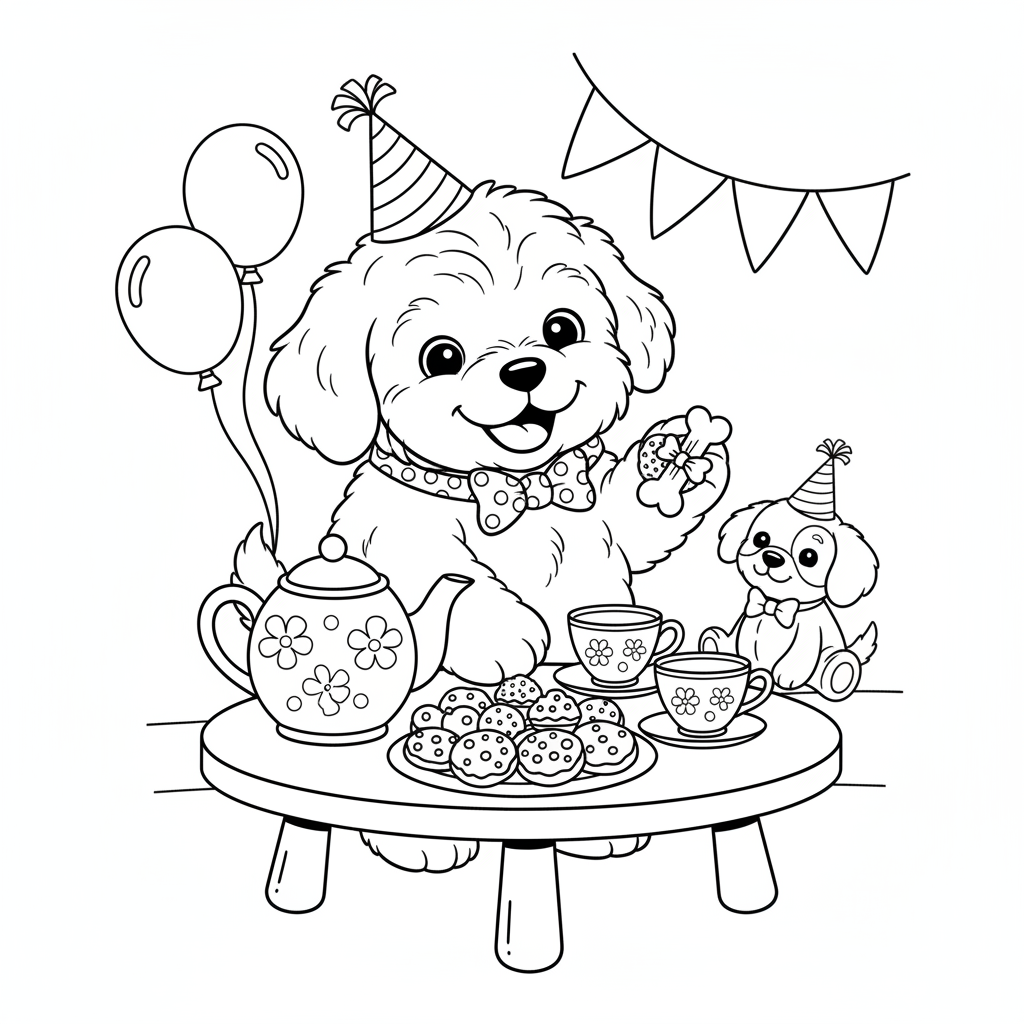 Een schattige, pluizige puppy die een theekransje houdt met lekkernijen. - Gratis afdrukbare kleurplaat