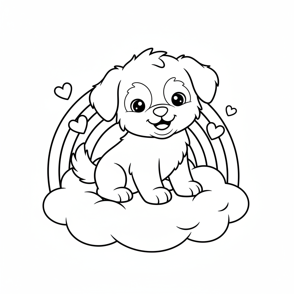 Een schattige pluizige puppy die gelukkig op een wolk zit - Gratis afdrukbare kleurplaat