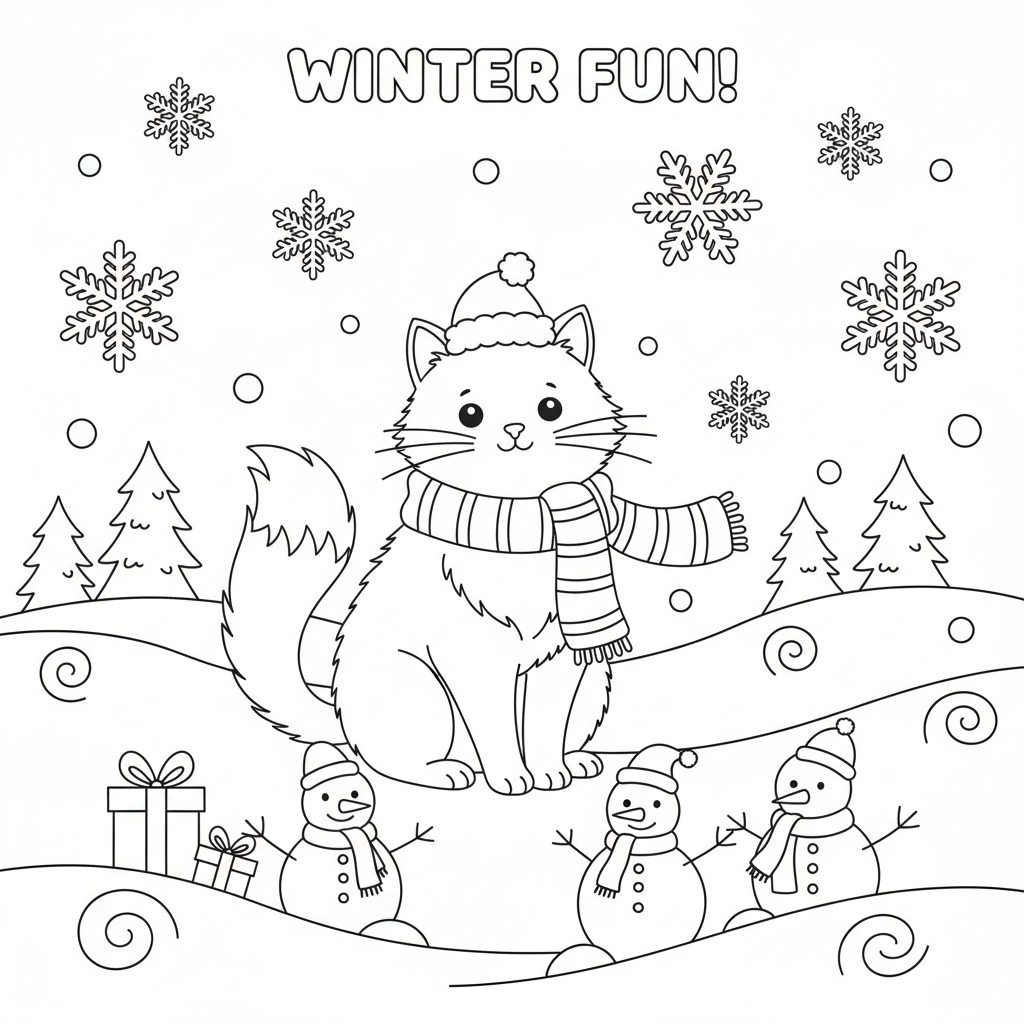 Een schattige witte kat in winter wonderland sneeuw scène - Gratis afdrukbare kleurplaat