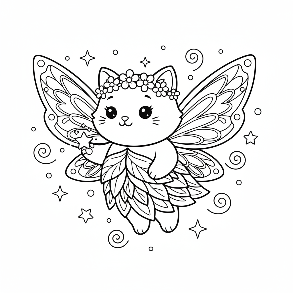 Een schattige witte fee met magische vleugels schittert - Gratis afdrukbare kleurplaat