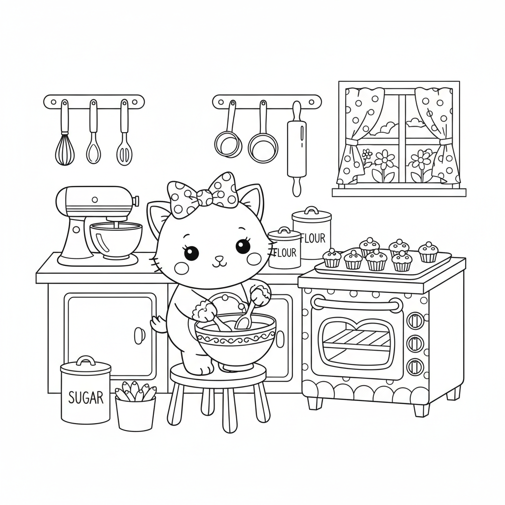 Un adorabile gattino bianco con fiocco che prepara cupcake in cucina - Disegno da colorare gratuito