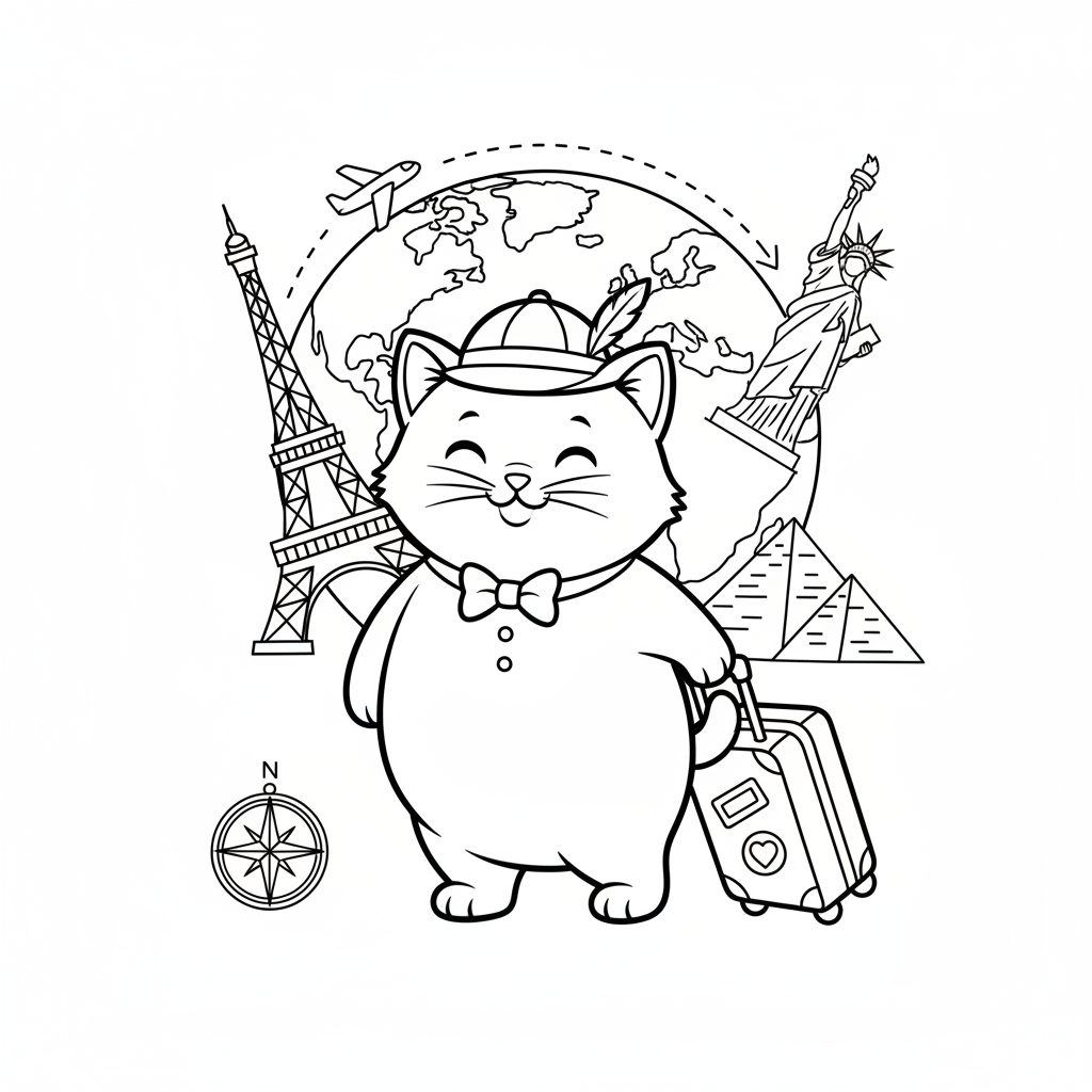 Een schattige witte poes wereldreiziger met koffer - Gratis afdrukbare kleurplaat