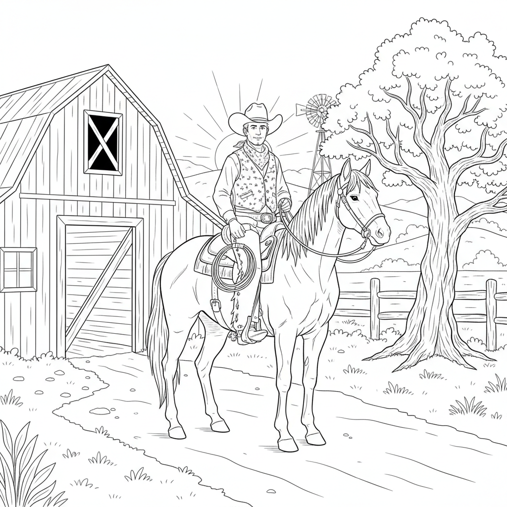 Coloring For Ranchers Cowboy On Horse At Ranch Coloring Page - Free Printable