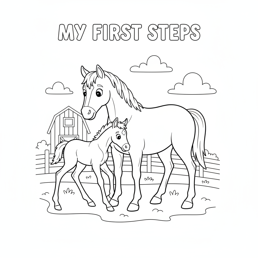 Veulen zet eerste stapjes baby leert lopen - Gratis afdrukbare kleurplaat