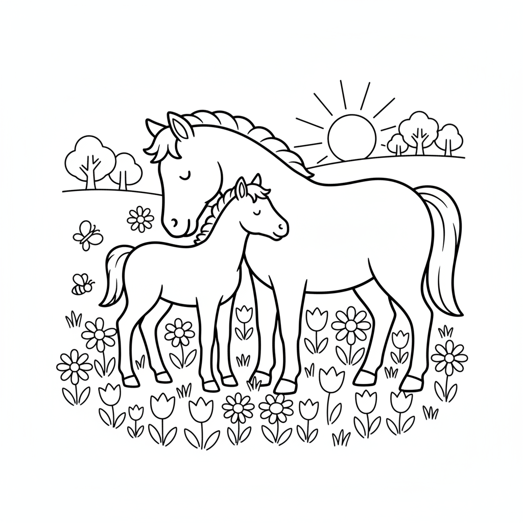 Un cheval et son poulain se câlinent dans les fleurs sauvages d'une prairie printanière. - Coloriage gratuit à imprimer