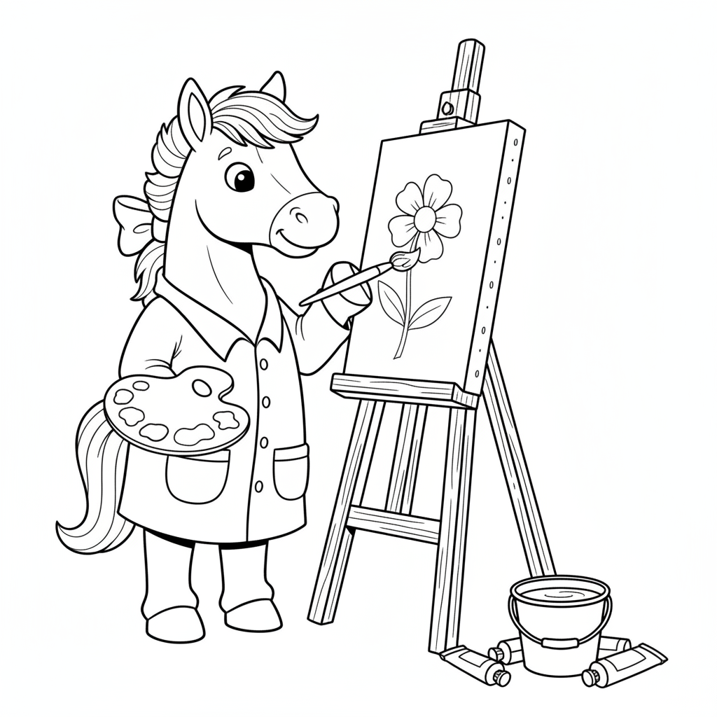 Paardenkunstenaar schildert met monddoek - Free Printable Coloring Page Paardenkunstenaar schildert met monddoek - Free Printable Coloring Page