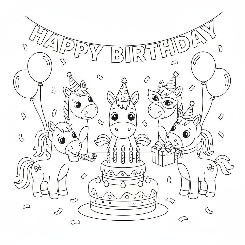 Fête d'anniversaire pour un cheval avec gâteau - Coloriage gratuit à imprimer