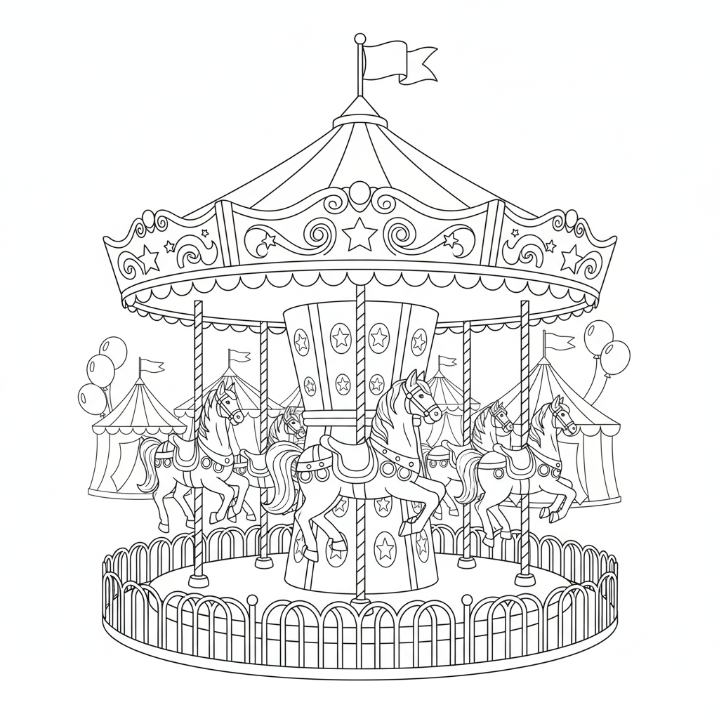 Manège de chevaux, carrousel, attraction de fête foraine colorée - Free Printable Coloring Page Manège de chevaux, carrousel, attraction de fête foraine colorée - Free Printable Coloring Page