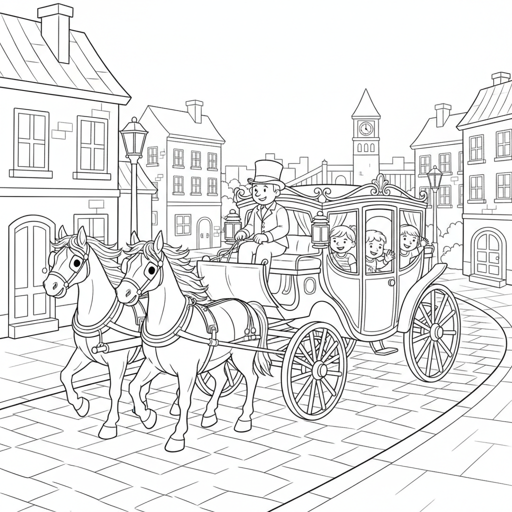 Calèche dans les rues pavées de la ville - Free Printable Coloring Page Calèche dans les rues pavées de la ville - Free Printable Coloring Page