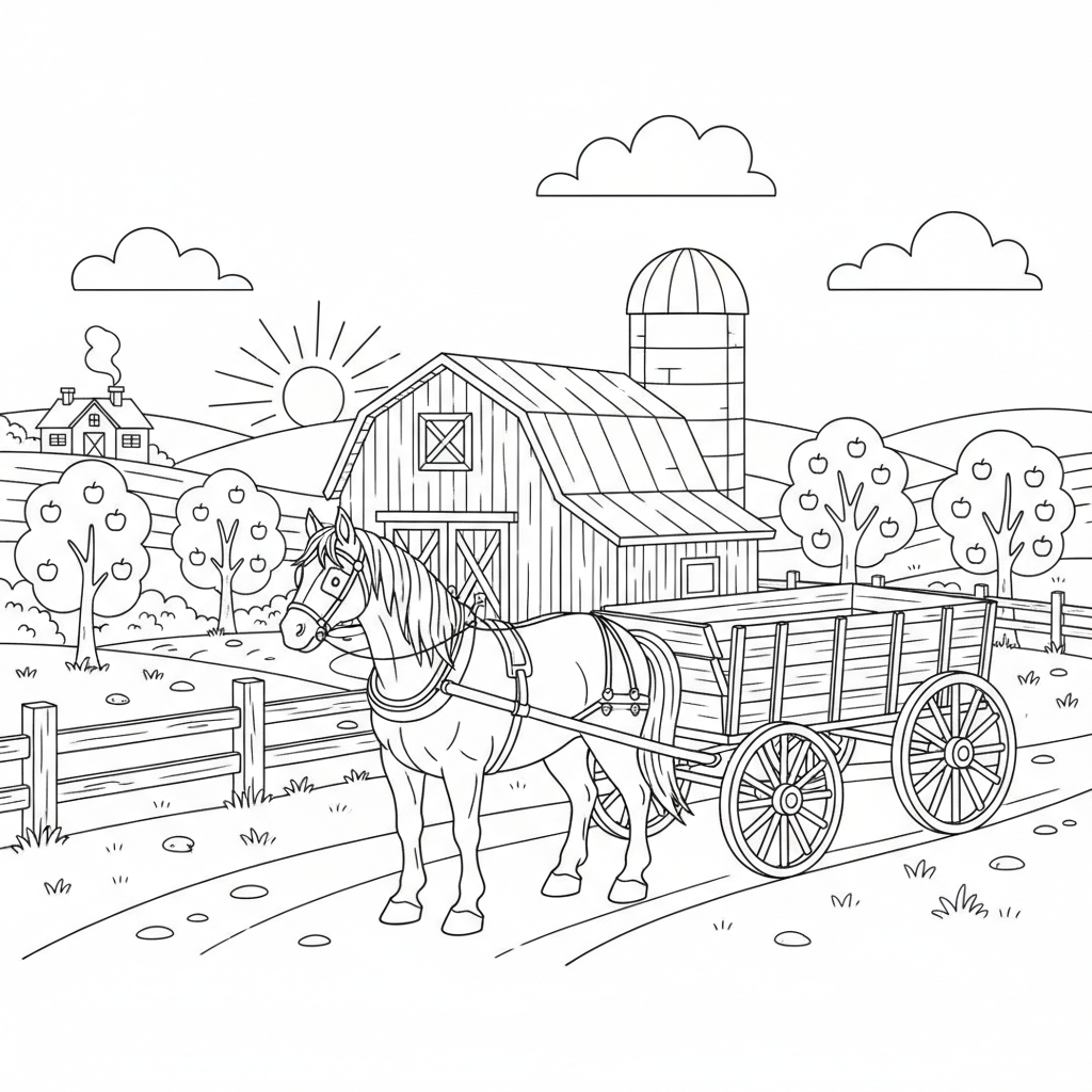 Boerderij met paard en wagen - Free Printable Coloring Page Boerderij met paard en wagen - Free Printable Coloring Page