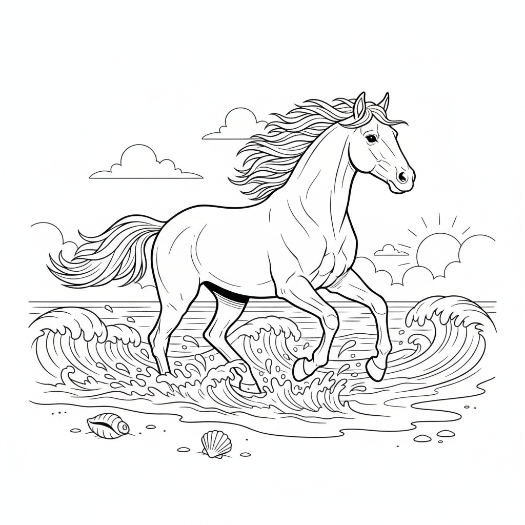 Paard galoppeert op strand golven kust - Gratis afdrukbare kleurplaat Paard galoppeert op strand golven kust - Gratis afdrukbare kleurplaat